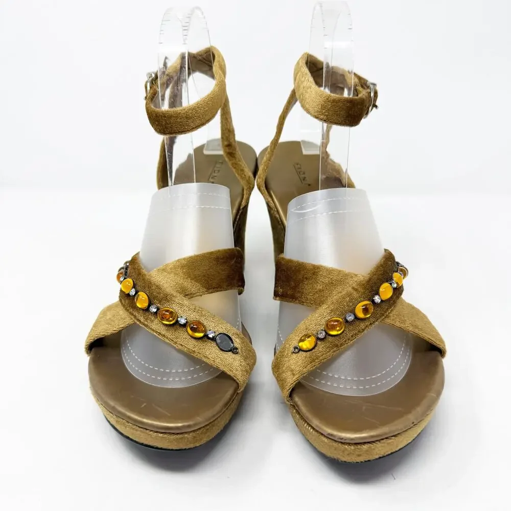 NWOB Vintage Y2K Fioni Gold Velvet Wedge High Heels Women's Sz 9 Jewel Accents